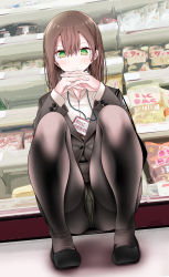 Rule 34 | 1girl, @ @, ass, black pantyhose, blazer, blush, brown footwear, brown hair, brown pantyhose, closed mouth, collared shirt, commentary request, full body, green eyes, hair between eyes, highres, id card, interlocked fingers, jacket, lanyard, looking at viewer, medium hair, oouso, original, own hands together, panties, pantyhose, shirt, solo, squatting, supermarket, sweatdrop, swept bangs, thighs, underwear, white shirt