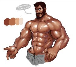 Rule 34 | 1boy, abs, bara, beard, brown hair, bulge, cheschirebacon, cropped legs, dark-skinned male, dark skin, english text, facial hair, full beard, hair tattoo, large pectorals, male focus, mature male, muscular, muscular male, navel, navel hair, nipples, original, outstretched hand, pectorals, short hair, sideburns, solo, speech bubble, speed lines, standing, stomach, sweat, thick arms, thick beard, thick thighs, thighs, topless male, very sweaty