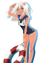 Rule 34 | 10s, 1girl, bad id, bad pixiv id, bitou (bitocoffee83), blonde hair, blue eyes, flower, hair flower, hair ornament, kantai collection, lifebuoy, long hair, ro-500 (kancolle), sailor collar, solo, swim ring, swimsuit, swimsuit under clothes, tan, tanline