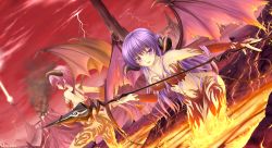 Rule 34 | 2girls, :d, ass, demon girl, demon horns, demon tail, demon wings, dutch angle, highres, holding, horns, kopianget, leaning forward, long hair, looking at viewer, looking back, multiple girls, navel, open mouth, original, polearm, purple hair, red eyes, smile, spear, tail, volcano, weapon, wings