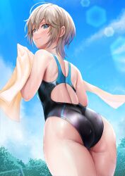 Rule 34 | 1girl, absurdres, ahoge, anastasia (idolmaster), ass, back cutout, blue eyes, blush, chain-link fence, clothing cutout, competition swimsuit, fence, from below, grey hair, highres, hogey nk-2000, holding, holding towel, idolmaster, idolmaster cinderella girls, lens flare, looking at viewer, looking back, one-piece swimsuit, outdoors, short hair, smile, solo, swimsuit, towel, water drop