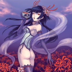 Rule 34 | 1girl, ass, blue hair, cowboy shot, female focus, from behind, gloves, goth fashion, legs together, lips, long hair, looking at viewer, lowres, nishimura eri, nose, original, red eyes, sky, solo, standing, thighhighs, tsurime