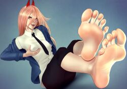 Rule 34 | 1girl, barefoot, blonde hair, chainsaw man, feet, grabbing own breast, horns, long hair, looking at viewer, necktie, open mouth, power (chainsaw man), puffypinkpaws, sharp teeth, soles, teeth, toes, yellow eyes