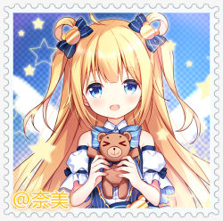 Rule 34 | &gt; &lt;, 1girl, :d, bear hair ornament, blonde hair, blue bow, blue eyes, blush, bow, collared shirt, copyright request, detached sleeves, fang, hair bow, hair ornament, hair rings, hands up, holding, holding stuffed toy, long hair, looking at viewer, nail polish, open mouth, pink nails, puffy short sleeves, puffy sleeves, shirt, short sleeves, sleeveless, sleeveless shirt, smile, solo, star (symbol), striped, striped bow, stuffed animal, stuffed toy, teddy bear, tengxiang lingnai, two side up, white shirt, white sleeves