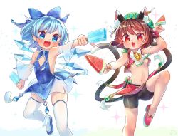 Rule 34 | 2girls, :d, alternate costume, animal ear fluff, animal ears, arm up, bare shoulders, bell, bike shorts, blue bow, blue eyes, blue hair, blush, bow, breasts, brown hair, cat ears, cat tail, chen, chinese clothes, cirno, commentary request, detached sleeves, earrings, fang, flat chest, food, foot out of frame, gold trim, green ribbon, hair bow, highres, holding, ibaraki natou, ice, ice wings, jewelry, jingle bell, knees, leg up, long sleeves, looking at viewer, midriff, multiple girls, multiple tails, navel, nekomata, open mouth, popsicle, red footwear, ribbon, see-through, see-through sleeves, shiny skin, short hair, short shorts, shorts, simple background, single earring, small breasts, smile, sparkle, standing, standing on one leg, stomach, tail, tassel, teeth, thighhighs, thighs, tongue, touhou, two tails, underboob, upper teeth only, watermelon bar, white background, white legwear, white neckwear, white ribbon, wide sleeves, wings, wrist cuffs