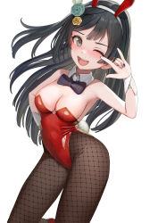 Rule 34 | 1girl, absurdres, animal ears, black hair, black pantyhose, bow, bowtie, breasts, cleavage, commentary request, contrapposto, detached collar, fake animal ears, fishnet pantyhose, fishnets, grey eyes, highres, leotard, long hair, looking at viewer, love live!, love live! nijigasaki high school idol club, medium breasts, \n/, nail polish, one eye closed, pantyhose, playboy bunny, rabbit ears, rabbit tail, red leotard, simple background, solo, standing, strapless, strapless leotard, sunga2usagi, tail, v, white background, wrist cuffs, yuki setsuna (love live!)