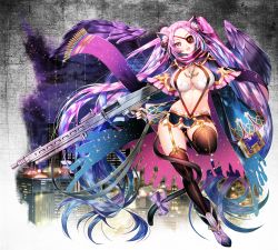 Rule 34 | 1girl, absurdly long hair, aile (crossroads), animal ears, bell, bikini, bikini top only, bird wings, black wings, blue hair, book, breasts, brown thighhighs, capelet, cat ears, cat girl, cat tail, cityscape, cleavage, eyepatch, female focus, garter straps, gradient hair, gun, hair ribbon, jewelry, large breasts, long hair, long sleeves, machine gun, midriff, miniskirt, multicolored hair, navel, necklace, night, open mouth, original, pendant, pink eyes, pink hair, ribbon, scarf, skirt, sky, sleeves past wrists, solo, standing, standing on one leg, star (sky), starry sky, suspenders, swimsuit, tail, tail bell, tail ornament, thighhighs, twintails, very long hair, weapon, wide sleeves, wings, zettai ryouiki