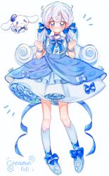 Rule 34 | 1girl, :3, blue bow, blue eyes, blue flower, blush, bow, bracelet, character name, cinnamoroll, dress, floral print, flower, full body, hair bow, hat, hat flower, highres, jewelry, long hair, looking at viewer, personification, sanrio, simple background, sleeveless, smile, solo, spiral, white background, white hair, yalmyu