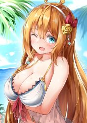 Rule 34 | 1girl, ;d, absurdres, ahoge, arm under breasts, blue eyes, blush, breasts, cleavage, day, dress, hair between eyes, hair ornament, hairband, highres, large breasts, long hair, looking at viewer, moyoron, one eye closed, open mouth, orange hair, outdoors, pecorine (princess connect!), pecorine (summer) (princess connect!), princess connect!, ribbon, smile, solo, upper body, very long hair