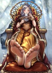 Rule 34 | 1girl, absurdres, barefoot, blush, bracelet, commission, cup, duel monster, feet, foot focus, highres, holding, holding cup, holding plate, jewelry, long hair, looking at viewer, madolche queen tiaramisu, nikishiko, parted lips, plate, purple eyes, ring, sitting, smile, soles, sweat, teacup, throne, toes, yu-gi-oh!