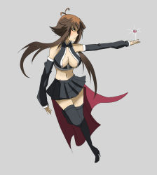 Rule 34 | bare shoulders, boots, breasts, brown hair, cleavage, cleavage cutout, clothing cutout, detached sleeves, gender request, genderswap, high heel boots, high heels, highres, large breasts, midriff, plurk, skirt, thigh boots, thighhighs, yu-gi-oh!, yu-gi-oh! gx, yuki judai