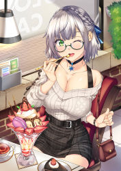 Rule 34 | 1girl, bag, belt, bespectacled, blush, breasts, cleavage, collarbone, commentary request, eating, food, glasses, green eyes, hair ornament, highres, hololive, large breasts, looking at viewer, one eye closed, open mouth, parfait, shirogane noel, shirogane noel (casual), shirokuma a, silver hair, sitting, solo, sweater, table, virtual youtuber, white sweater, window
