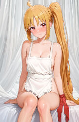 Rule 34 | 1girl, absurdres, ahoge, apron, bare shoulders, blonde hair, blush, bocchi the rock!, breasts, cleavage, closed mouth, collarbone, crying, crying with eyes open, high side ponytail, highres, ijichi nijika, knees, long hair, looking at viewer, medium breasts, naked apron, nose blush, raiden (kdsn3783), red eyes, sitting, solo, tearing up, tears, very long hair
