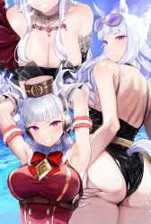 1girl absurdres animal_ears armpits arms_behind_head ass back bare_shoulders black_one-piece_swimsuit blue_hair blunt_bangs blush breasts cleavage elbow_gloves eyewear_on_head fuwamozzi gloves gold_ship_(la_mode_564)_(umamusume) gold_ship_(run_revolt_launcher)_(umamusume) gold_ship_(umamusume) grin hat highres horse_ears horse_girl horse_tail jewelry large_breasts long_hair looking_at_viewer multiple_views necklace one-piece_swimsuit presenting_armpit purple_eyes smile sunglasses swimsuit tail umamusume umamusume:_cinderella_gray white_gloves