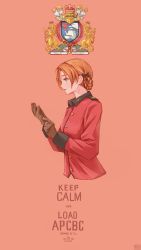 Rule 34 | 1girl, absurdres, adjusting clothes, adjusting gloves, black ribbon, blue eyes, braid, brown gloves, cropped torso, emblem, from side, girls und panzer, gloves, hair pulled back, highres, keep calm and carry on, leather, leather gloves, orange hair, orange pekoe (girls und panzer), pink background, ribbon, short hair, solo, st. gloriana&#039;s (emblem), st. gloriana&#039;s military uniform, twin braids, useless (gss44344)