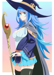 Rule 34 | 1girl, absurdres, black cape, black thighhighs, blue eyes, blue hair, blue hat, blue robe, blue skirt, breasts, cape, charlotte wraith, cleavage, closed mouth, dress, feet out of frame, frilled skirt, frills, from side, hair between eyes, hat, highres, holding, holding staff, large breasts, large hat, long hair, looking at viewer, mage staff, robe, simple background, skindentation, skirt, solo, staff, tensei kizoku kantei skill de nariagaru, thighhighs, user ncra8334, very long hair, white dress, wide sleeves, witch hat