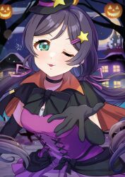 Rule 34 | 1girl, absurdres, birthday, black gloves, blowing kiss, blush, breasts, choker, commentary, crescent moon, dancing stars on me!, gloves, green eyes, hair ornament, hat, highres, jack-o&#039;-lantern, kyaku tasu, long hair, looking at viewer, love live!, love live! school idol project, low twintails, medium breasts, moon, night, night sky, one eye closed, purple hair, signature, sky, solo, star (symbol), star hair ornament, tojo nozomi, twintails, upper body, witch hat