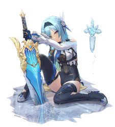 Rule 34 | 1girl, black thighhighs, blue hair, boots, covered navel, envyvanity, eula (genshin impact), eyes visible through hair, genshin impact, hairband, high heel boots, high heels, holding, holding sword, holding weapon, ice, long sleeves, planted, planted sword, planted weapon, reflection, revision, sitting, solo, sword, thigh strap, thighhighs, weapon, yellow eyes