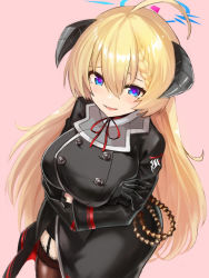 Rule 34 | 1girl, ahoge, akari (blue archive), blonde hair, blue archive, blue eyes, blush, breasts, commentary request, crossed arms, edobox, gloves, hair between eyes, halo, horns, large breasts, long hair, looking at viewer, military, military uniform, open mouth, pink background, solo, uniform