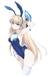 Rule 34 | 1girl, animal ears, aqua bow, aqua bowtie, armpits, blonde hair, blue archive, blue eyes, blue leotard, bow, bowtie, breasts, cleavage, closed mouth, commentary, cropped legs, detached collar, earpiece, fake animal ears, fake tail, halo, hand in own hair, highleg, highleg leotard, highres, leaning forward, leotard, long hair, looking at viewer, matsumoto noriyuki, medium breasts, official alternate costume, playboy bunny, rabbit ears, rabbit tail, simple background, solo, strapless, strapless leotard, tail, thighhighs, toki (blue archive), toki (bunny) (blue archive), very long hair, white background, white thighhighs, white wrist cuffs, wrist cuffs
