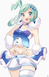 Rule 34 | 1girl, :d, arm warmers, blush, commentary request, creatures (company), earrings, eyelashes, finger heart, game freak, green eyes, green hair, highres, jewelry, lisia (pokemon), nintendo, open mouth, overskirt, pokemon, pokemon oras, ririmon, shiny skin, shorts, shorts under skirt, single thighhigh, smile, solo, teeth, thighhighs, tongue, upper teeth only, white background, white shorts
