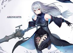 Rule 34 | 1girl, absurdres, arknights, armpits, bare shoulders, black gloves, black hat, black pants, black shirt, boots, breasts, clothing cutout, copyright name, detached sleeves, floating hair, gloves, grey hair, hair between eyes, hat, highres, holding, holding sword, holding weapon, large breasts, long hair, looking at viewer, molyb, pants, parted lips, red eyes, shirt, skadi (arknights), skadi (elite ii) (arknights), solo, sword, thigh cutout, unworn hat, unworn headwear, waist cape, water, weapon, white background