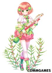 Rule 34 | 1girl, bow, bubble skirt, flower, flower knight girl, frills, full body, green bow, green eyes, green footwear, gun, hair ornament, holding, holding weapon, kokia (flower knight girl), looking at viewer, name connection, object namesake, official art, pink hair, pink skirt, pom pom (clothes), rifle, shirt, shoes, short hair, shouni (sato3), skirt, solo, standing, thighhighs, weapon, white background, white shirt, white thighhighs, wrist cuffs