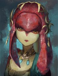 Rule 34 | 1girl, breasts, closed mouth, colored skin, commentary request, fins, fish girl, fjsmu, hair ornament, highres, jewelry, lips, long hair, looking at viewer, mipha, monster girl, multicolored skin, nintendo, no eyebrows, pointy ears, red hair, red skin, smile, solo, the legend of zelda, the legend of zelda: breath of the wild, upper body, yellow eyes, zora
