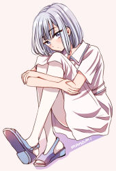 Rule 34 | 1girl, artist name, blue footwear, closed mouth, collared dress, commentary request, crossed legs, dress, expressionless, full body, hugging own legs, knees to chest, knees up, light purple hair, looking at viewer, mary janes, medium hair, mole, mole under mouth, nurse, original, purple eyes, shoes, short sleeves, signature, simple background, sitting, solo, sugano manami, white dress