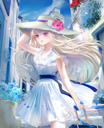 Rule 34 | 1girl, arm up, bare arms, blue eyes, blue ribbon, day, dress, floating hair, flower, hat, hat flower, hat ribbon, hibiscus, highres, komorihikki, long hair, original, outdoors, parted lips, red flower, ribbon, road, short dress, sleeveless, sleeveless dress, solo, straw hat, street, suitcase, sun hat, sundress, very long hair, white dress, white flower, white hair, white hat