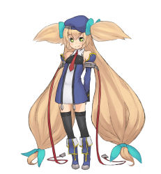 Rule 34 | 1girl, absurdly long hair, aqua bow, arc system works, bare shoulders, beret, black thighhighs, blazblue, blazblue: continuum shift, blonde hair, blue footwear, boots, bow, chiwino, cosplay, dress, flat chest, green eyes, hair bow, hat, heart, heart-shaped pupils, long hair, looking at viewer, low-tied long hair, military, military uniform, necktie, noel vermillion, noel vermillion (cosplay), platinum the trinity, quad tails, ribbon, short dress, simple background, smile, solo, symbol-shaped pupils, thighhighs, two side up, uniform, very long hair, white background