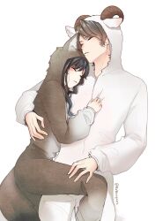 Rule 34 | 1boy, 1girl, animal costume, black hair, blush, brown hair, carrot (robosquat), closed eyes, commentary request, couple, hand on another&#039;s chest, hetero, highres, long hair, original, parted lips, sheep costume, sleeping, wolf costume