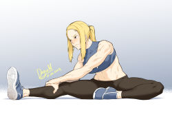 Rule 34 | 1girl, bad id, bad pixiv id, bare shoulders, black legwear, blonde hair, blue background, blue eyes, dated, dyun, full body, highres, league of legends, long hair, midriff, muscular, muscular female, pants, ponytail, shoe soles, shoes, sidelocks, solo, sports bra, stretching, sweat, tianna crownguard, yoga pants