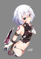 Rule 34 | 1girl, :q, bandaged arm, bandages, bare shoulders, black gloves, black panties, black shirt, black thighhighs, blood, blood on face, blush, breasts, closed mouth, cropped legs, dagger, facial scar, fate/grand order, fate (series), fingerless gloves, gloves, green eyes, grey background, groin, hair between eyes, hand up, highres, holding, holding dagger, holding knife, holding weapon, jack the ripper (fate/apocrypha), knife, lowleg, lowleg panties, navel, panties, scar, scar across eye, scar on cheek, scar on face, shirt, shoulder tattoo, signature, silver hair, simple background, single glove, sleeveless, sleeveless shirt, small breasts, smile, solo, tattoo, thighhighs, tongue, tongue out, underwear, weapon, yaosera