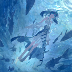 Rule 34 | 1girl, acrylic paint (medium), barefoot, blue eyes, blue theme, brown hair, dress, fish, jewelry, konno takashi (frontier pub), necklace, original, painting (medium), smile, solo, traditional media, underwater, water