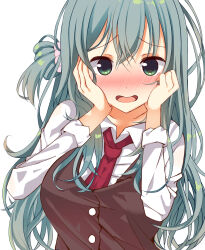 Rule 34 | 1girl, aqua eyes, aqua hair, beads, blush, breasts, brown vest, collared shirt, commentary, crossed bangs, embarrassed, hair beads, hair between eyes, hair ornament, hands on own cheeks, hands on own face, hands up, large breasts, long hair, long sleeves, looking at viewer, minase kaya, necktie, nose blush, one side up, open mouth, red necktie, riddle joker, school uniform, shikibe mayu, shirt, sidelocks, simple background, smile, solo, upper body, vest, white background, white shirt