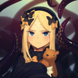 Rule 34 | 1girl, abigail williams (fate), bandaid, bandaid on face, bandaid on forehead, black bow, black dress, black hat, blonde hair, blue eyes, blush, boa (brianoa), bow, breasts, crossed bandaids, dress, fate/grand order, fate (series), forehead, hair bow, hat, highres, long hair, long sleeves, looking at viewer, orange bow, parted bangs, ribbed dress, sleeves past fingers, sleeves past wrists, small breasts, solo, stuffed animal, stuffed toy, teddy bear, tentacles