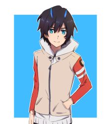 Rule 34 | 10s, 1boy, beige jacket, black hair, blue eyes, blue horns, commentary, cosplay, darling in the franxx, english text, eureka seven, eureka seven (series), hand in pocket, highres, hiro (darling in the franxx), hood, hooded jacket, horns, jacket, k 016002, looking at viewer, male focus, oni horns, renton thurston, renton thurston (cosplay), short hair, solo, spoilers