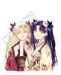 Rule 34 | 2024, 2girls, absurdres, arrow (projectile), black hair, blonde hair, closed eyes, earrings, ereshkigal (fate), fate/grand order, fate (series), gold earrings, hair ribbon, hamaya, highres, ishtar (fate), japanese clothes, jewelry, kimono, long hair, multiple girls, new year, official alternate costume, parted bangs, portrait, red eyes, red kimono, ribbon, smile, sodamachi, tohsaka rin, two side up, white background, white kimono