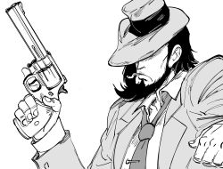 Rule 34 | 1boy, bad id, bb (baalbuddy), beard, cigarette, closed mouth, coat, collared shirt, covered face, facial hair, facing viewer, frown, greyscale, gun, hand up, handgun, hat, highres, holding, holding gun, holding weapon, inactive account, jigen daisuke, long sleeves, lupin iii, male focus, medium hair, monochrome, mouth hold, necktie, open clothes, open coat, revolver, shirt, simple background, solo, trigger discipline, upper body, weapon, white background, wing collar