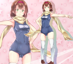 Rule 34 | 1girl, bad id, bad pixiv id, blush, breasts, brown hair, cameltoe, covered erect nipples, green eyes, hand on own hip, kanata (kanata onion), loafers, multiple views, one-piece swimsuit, original, outstretched arm, pigeon-toed, pink background, scarf, school swimsuit, shoes, short hair, solo, star (symbol), swimsuit, thighhighs, white thighhighs, zoom layer