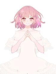 Rule 34 | 1girl, absurdres, blurry, bokeh, collarbone, depth of field, dress, eyelashes, fingernails, floating hair, flower in eye, hair down, hands up, highres, kaname madoka, light blush, light particles, looking at viewer, mahou shoujo madoka magica, mahou shoujo madoka magica (anime), mahou shoujo madoka magica movie 1 &amp; 2, medium hair, momuraer, own hands together, patterned clothing, pink eyes, pink hair, see-through, see-through dress, see-through silhouette, silhouette, simple background, smile, solo, sparkle, steepled fingers, symbol in eye, white background, white dress