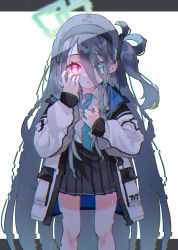 Rule 34 | 1girl, absurdres, aris (blue archive), black hair, black hairband, black skirt, blue archive, blue eyes, blue necktie, commentary, dot nose, expressionless, glitch, hair between eyes, hairband, halo, hand on own chest, hand on own face, hand up, highres, jacket, legs, long hair, long sleeves, looking at viewer, necktie, oversized clothes, pleated skirt, red eyes, sasami (cho ge n ki), shirt, side ponytail, skirt, solo, thighs, very long hair, white background, white jacket, white shirt, wing collar