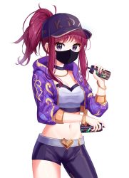 Rule 34 | 1girl, absurdres, akali, asymmetrical clothes, bangle, baseball cap, black choker, bracelet, breasts, choker, cleavage, collarbone, cowboy shot, crop top, cropped jacket, eyelashes, hand up, hat, highres, holding, hood, hood down, hooded jacket, jacket, jewelry, k/da (league of legends), k/da akali, league of legends, legs apart, long hair, looking at viewer, mask, medium breasts, midriff, mouth mask, navel, niji (rudduf232), official alternate costume, peaked cap, ponytail, purple eyes, purple hair, purple jacket, shirt, short sleeves, sidelocks, simple background, single pantsleg, sleeveless, sleeveless shirt, solo, spray can, standing, stomach, white background, white shirt