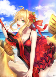 Rule 34 | 1girl, ahoge, bare arms, beach, black dress, blonde hair, blue sky, bow, breasts, cleavage, cloud, collarbone, cowboy shot, day, dress, fate/grand order, fate (series), floating hair, flower, green eyes, hair between eyes, hair bow, hair flower, hair intakes, hair ornament, holding, holding sword, holding weapon, layered dress, leaning forward, medium breasts, nero claudius (fate), nero claudius (fate) (all), nero claudius (swimsuit caster) (fate), ocean, outdoors, re (re 09), red bow, red flower, short dress, short hair with long locks, sidelocks, sky, sleeveless, sleeveless dress, solo, standing, sword, weapon
