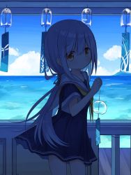 Rule 34 | 1girl, blue dress, blue hair, blue theme, brown eyes, child, ciela (yuuhagi (amaretto-no-natsu)), closed mouth, commentary, day, dress, hair between eyes, holding, horizon, long hair, looking at viewer, low ponytail, neckerchief, ocean, original, outdoors, ponytail, sailor collar, sailor dress, short sleeves, solo, standing, very long hair, water, white sailor collar, wind chime, yellow neckerchief, yuuhagi (amaretto-no-natsu)
