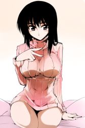 Rule 34 | 00s, 1girl, black hair, blush, breasts, cosaten, covered erect nipples, curvy, large breasts, school rumble, seiza, sitting, solo, suou mikoto (school rumble), sweater, turtleneck, v