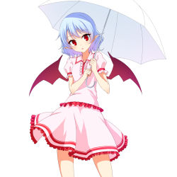 Rule 34 | 1girl, bat wings, breasts, cowboy shot, dress, frilled dress, frills, highres, holding, holding umbrella, junior27016, light purple hair, looking at viewer, open mouth, pink dress, pointy ears, puffy short sleeves, puffy sleeves, red eyes, remilia scarlet, short hair, short sleeves, small breasts, solo, standing, touhou, umbrella, wings