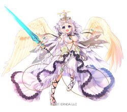 Rule 34 | 1girl, :d, ahoge, angel wings, angelic link, blush, breasts, commentary request, detached sleeves, dress, flower, full body, grey hair, halo, highres, holding, holding sword, holding weapon, large breasts, long sleeves, michael (angelic link), official art, open mouth, pico (p i c o), purple eyes, simple background, smile, solo, sword, tachi-e, veil, weapon, white background, white dress, wings, yellow wings