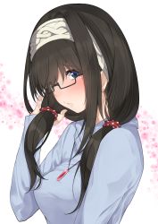 Rule 34 | 1girl, absurdres, alternate hairstyle, black-framed eyewear, black hair, blue eyes, blue sweater, blush, breasts, glasses, go-1, hairband, highres, holding, holding hair, idolmaster, idolmaster cinderella girls, jewelry, large breasts, long hair, looking at viewer, looking to the side, necklace, parted lips, sagisawa fumika, semi-rimless eyewear, solo, sweater, twintails, white background